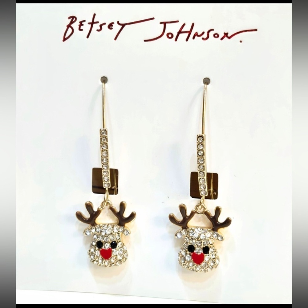 BETSEY JOHNSON Christmas Holiday Reindeer Dangle Crystals Bling Earrings NEW NWT